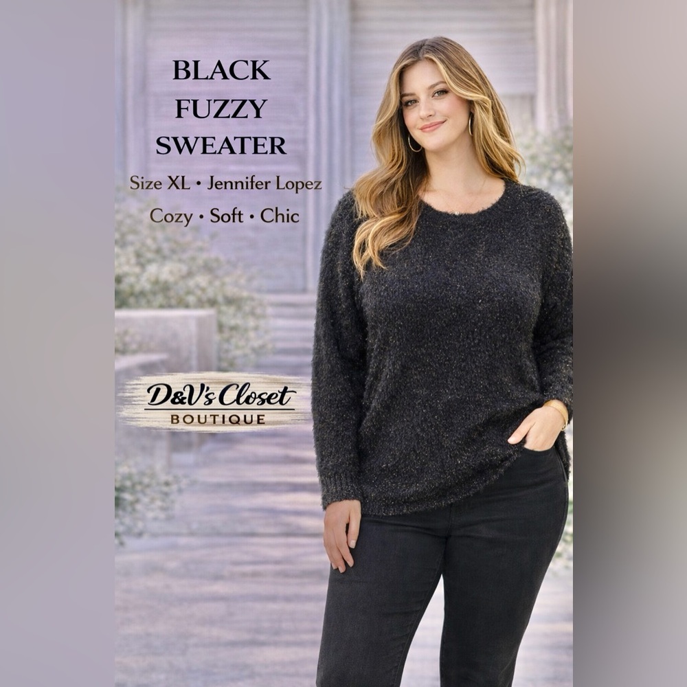 Jennifer Lopez Black Fuzzy Sweater XL Soft Cozy Knit Chic Pullover